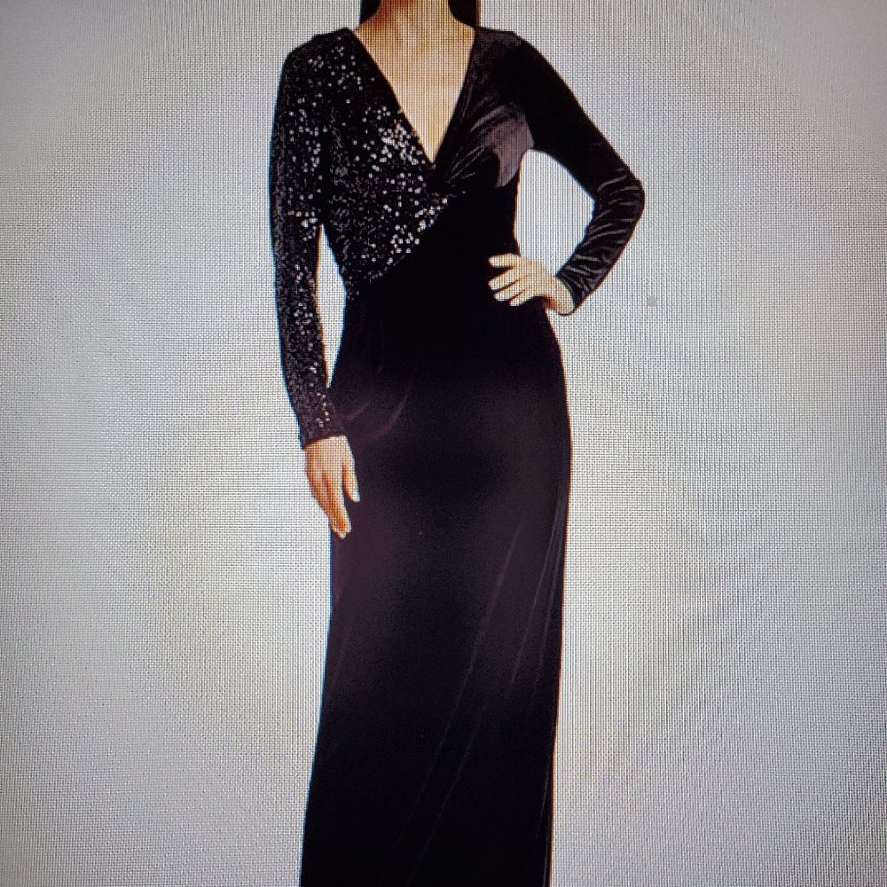 Rickie Freeman for Teri Jon Black By Stretch-velvet Sequin Gown Formal Dress